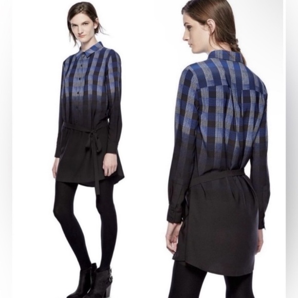 Thakoon Ombre Degraded Check Belted Long Sleeve Mini Dress Tunic Size Medium New - Picture 1 of 10